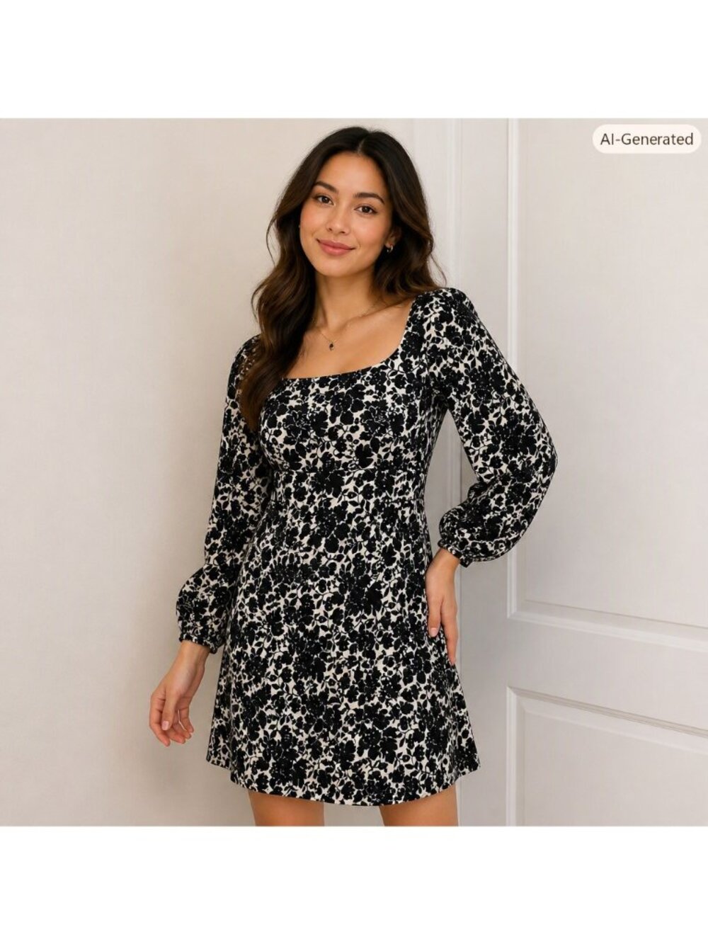 TOCCA Black White Floral Babydoll Dress Size 6 Square Neck Romantic Puff Sleeves